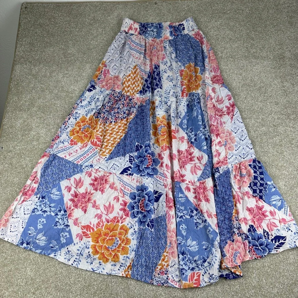 Angie Boho Patchwork Floral Maxi Skirt Small Slit Festival Cottagecore Coastal